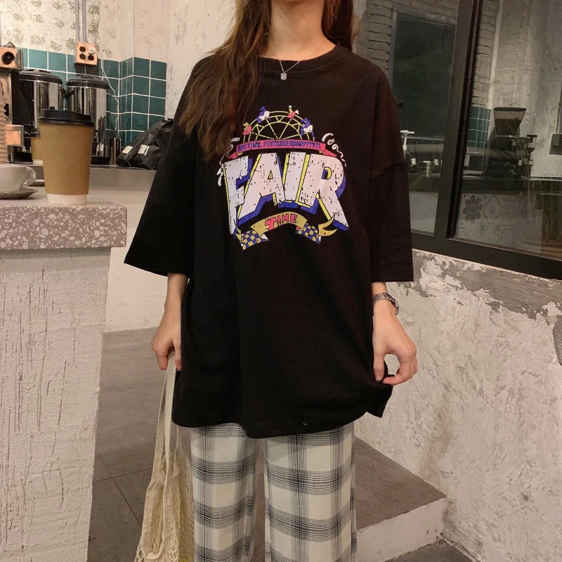 T shirt Women Cotton Summer Short Sleeve BF Style T shirts Letter Print Plus Size Loose Korean Oversize Femme Long Hip Hop Tops 
T shirt Women Cotton Summer Short Sleeve BF Style T shirts Letter Print Plus Size Loose Korean Oversize Femme Long Hip Hop Tops