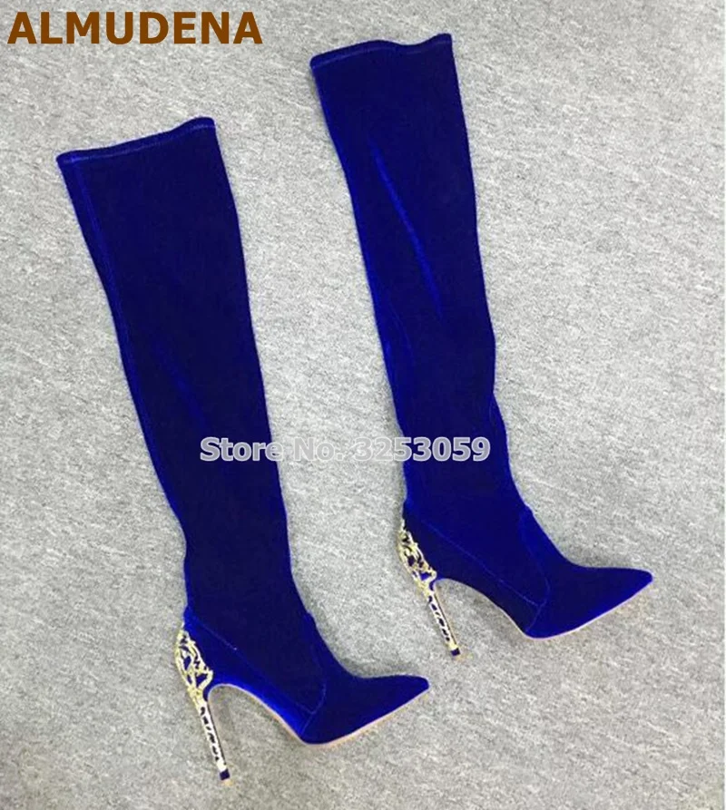Women Luxurious Royal Blue Velvet Metal Heel Boots Pointed Toe Cut-out Heels Dress Boots Over-the-knee Gold Heels Boots Size43
Women Luxurious Royal Blue Velvet Metal Heel Boots Pointed Toe Cut-out Heels Dress Boots Over-the-knee Gold Heels Boots Size43