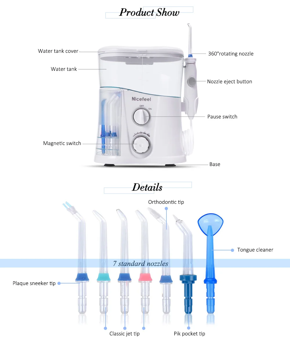 Nicefeel 1000ml Electric Oral Irrigator Teeth Cleaner Care Dental Flosser SPA Water Flosser Toothbrush + 7 Pcs Jet Tips