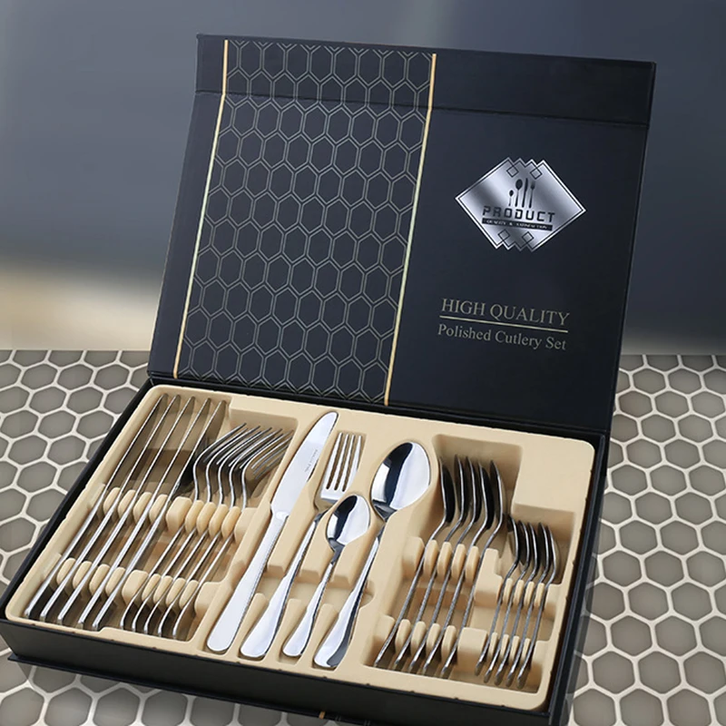 24pcs Gold Silver Tableware Set Stainless Steel Dinnerware Knife Fork Spoon Flatware Set Dishwasher Safe Cutlery Set Gift Box
24pcs Gold Silver Tableware Set Stainless Steel Dinnerware Knife Fork Spoon Flatware Set Dishwasher Safe Cutlery Set Gift Box