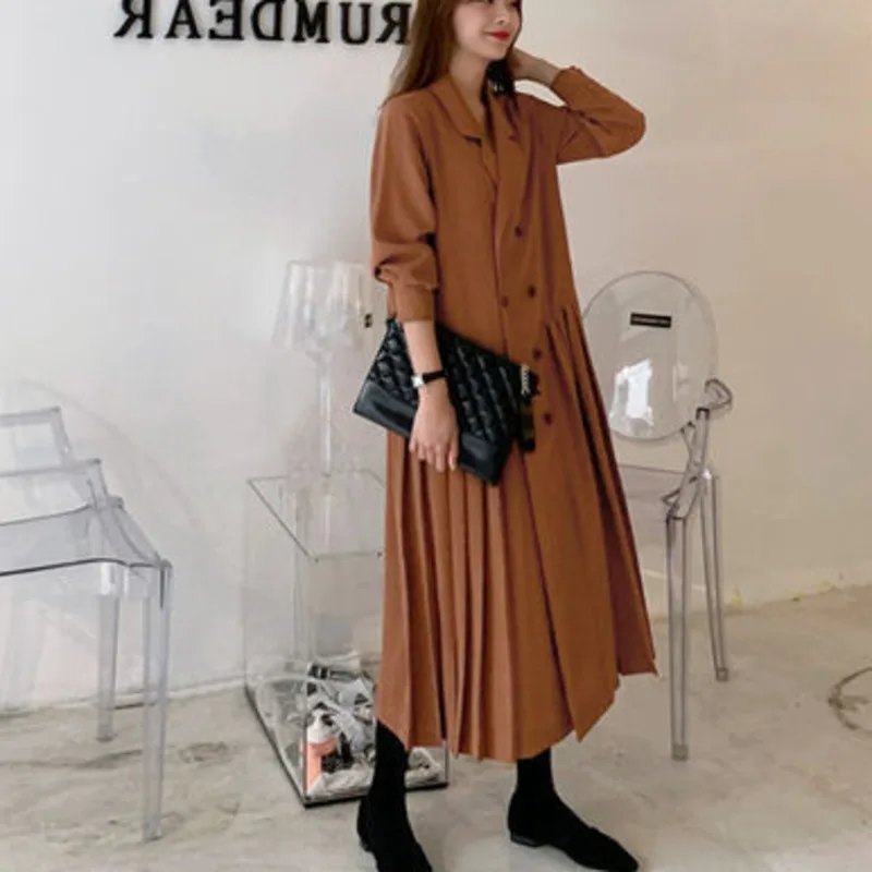 Женское плиссированное платье средней длины, однотонное винтажное повседневное свободное платье со складками и воротником-костюмом, новинка весны 2022, C999 
Женское плиссированное платье средней длины, однотонное винтажное повседневное свободное платье со складками и воротником-костюмом, новинка весны 2022, C999