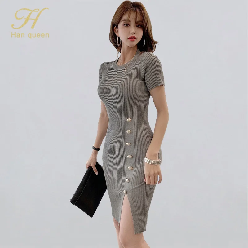 H Han Queen Autumn Vintage Elastic Knitted Dresses Elegant Office Work Vestidos Sheath Bodycon Split Party Women Pencil Dress
H Han Queen Autumn Vintage Elastic Knitted Dresses Elegant Office Work Vestidos Sheath Bodycon Split Party Women Pencil Dress