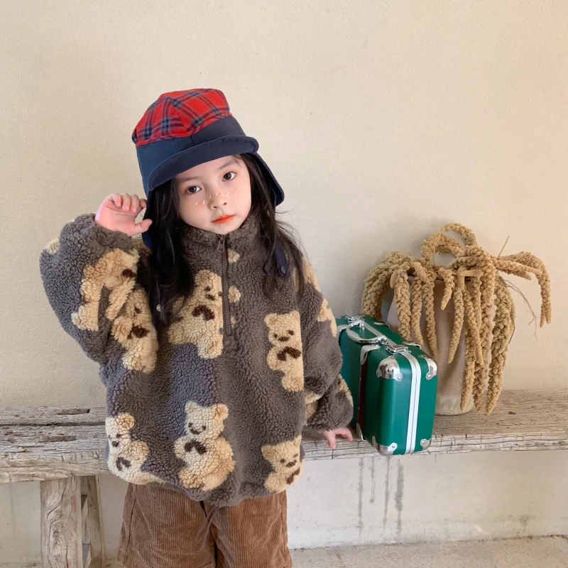 Winter New Arrival Korean style bear pattern loose woolen all-match fashion coat with zipper for baby girls and boys
Winter New Arrival Korean style bear pattern loose woolen all-match fashion coat with zipper for baby girls and boys