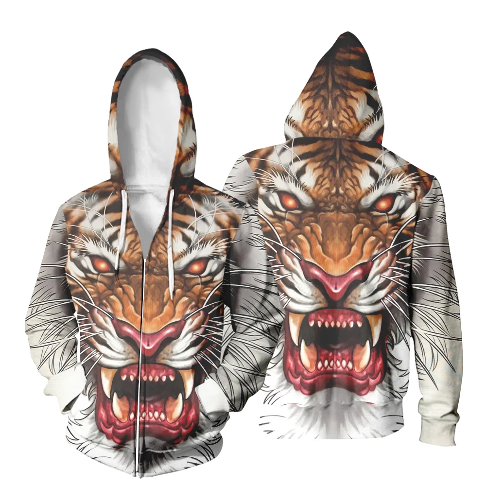 Пуловер с 3d-застежкой-молнией животное рисунок льва и тигра в стиле хип-хоп Harajuku