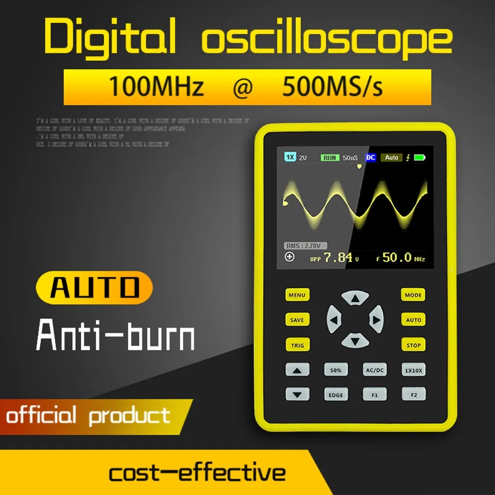 2.4 Inch 5012H Handheld Portable IPS Digital Micro Oscilloscope 100MHz 500MSa/S Bandwidth Support Waveform Storage
2.4 Inch 5012H Handheld Portable IPS Digital Micro Oscilloscope 100MHz 500MSa/S Bandwidth Support Waveform Storage