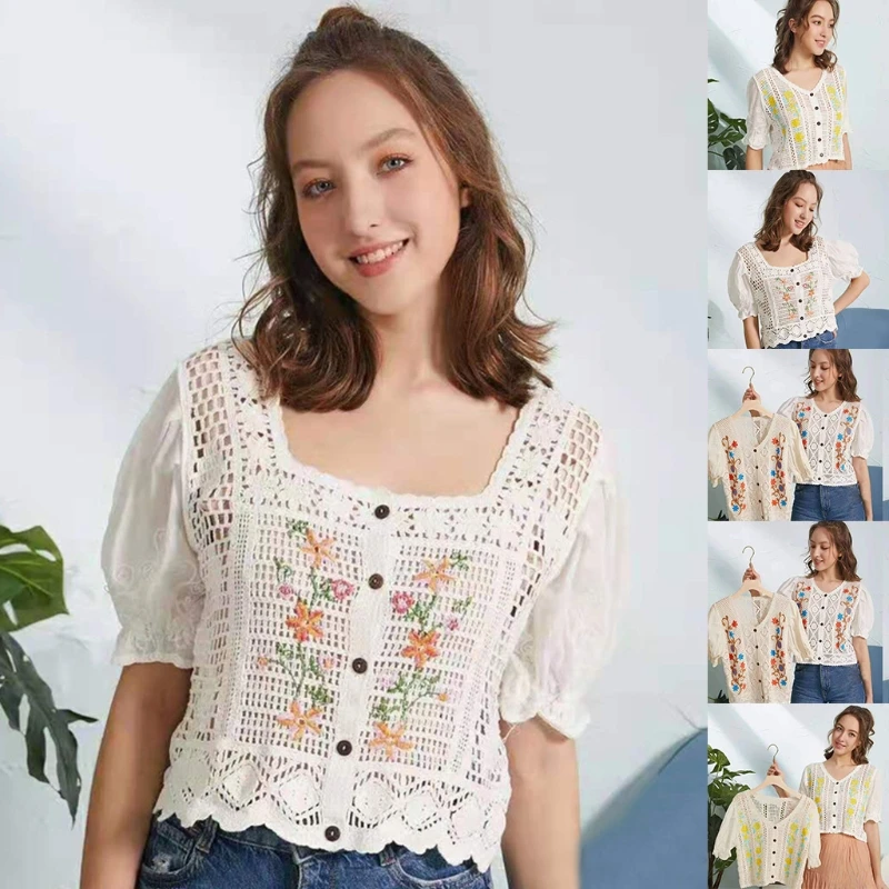 Women Summer Puff Short Sleeve T-Shirt Sexy V-Neck Button Down Hollow Crochet Crop Top Floral Embroidery Retro Loose Beach
Women Summer Puff Short Sleeve T-Shirt Sexy V-Neck Button Down Hollow Crochet Crop Top Floral Embroidery Retro Loose Beach