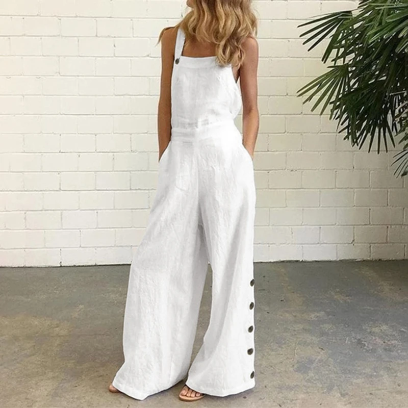 

Women Sleeveless Buttons Pockets Wide Leg Jumpsuit Bib Overall Work Clothes Summer Loose Jumpsuits Clubwear Wide Leg Pant