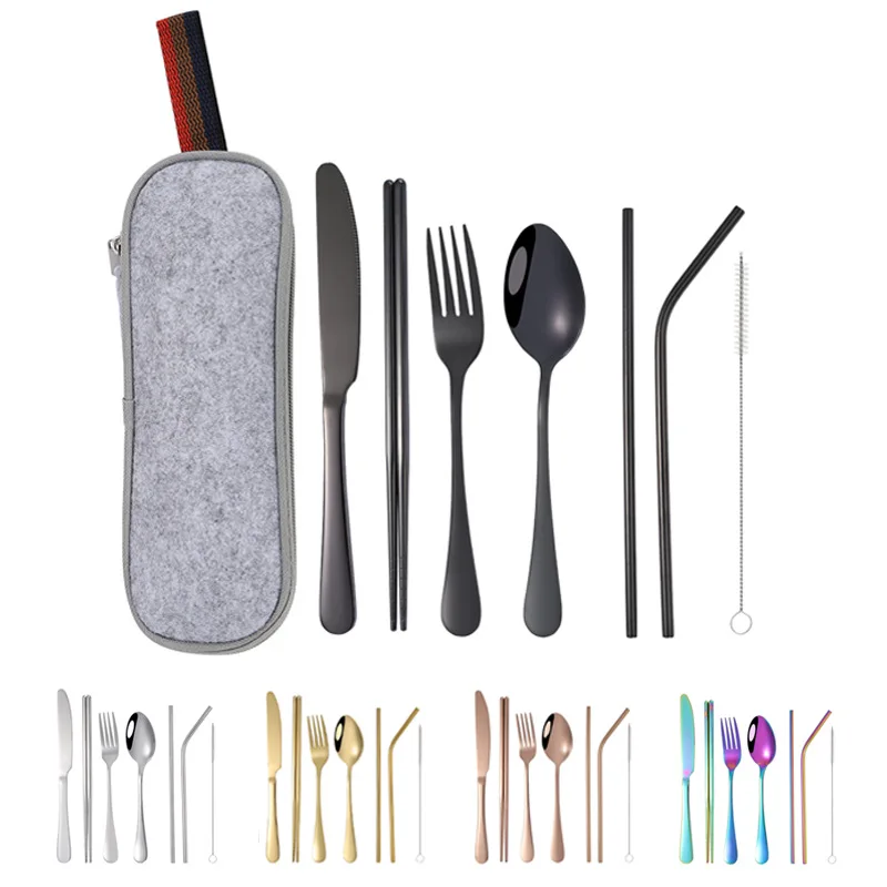 

8Pcs set Dinnerware Tableware Reusable Travel Cutlery Camp Utensils stainless steel Spoon Fork Chopsticks Straw Portable case