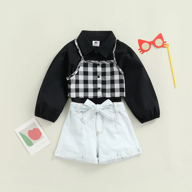 Kids Girls 4Pcs Outfits Children Pure Color Long Sleeve Shirt + Plaid Short Tops + Elastic Waist Shorts + Long Waistband Set
Kids Girls 4Pcs Outfits Children Pure Color Long Sleeve Shirt + Plaid Short Tops + Elastic Waist Shorts + Long Waistband Set