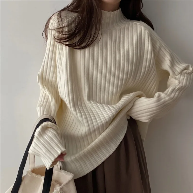 

Женский вязаный свитер-водолазка, повседневный толстый джемпер свободного покроя с длинным рукавом, в японском стиле ретро, весна-осень 2021