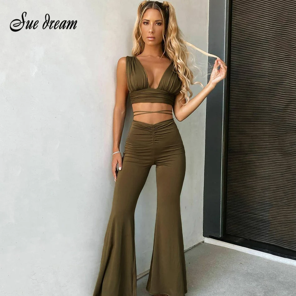 High Quality Women Solid Color Two Piece Set Sleeveless Drawstring Tops+High Waist Flared Trousers Pant Sets Sexy Lady Set
High Quality Women Solid Color Two Piece Set Sleeveless Drawstring Tops+High Waist Flared Trousers Pant Sets Sexy Lady Set