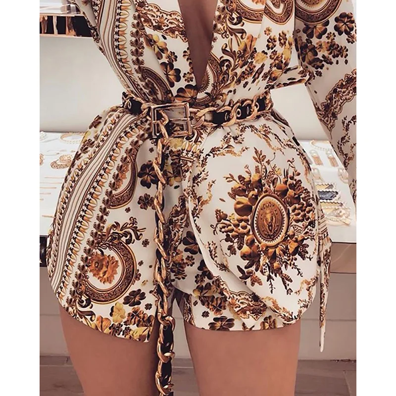Plunge Colorful Print Long Sleeve Rompers Womens Jumpsuit Sexy Club Party Playsuits Shorts | Женская одежда