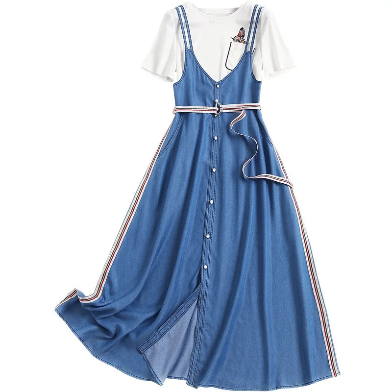 2020 New Korean Large Size Women's T-shirt Denim Strap Dress with Belt Fashion Vintage Split Buckle Slim 2XL Tops Skirt Set
2020 New Korean Large Size Women's T-shirt Denim Strap Dress with Belt Fashion Vintage Split Buckle Slim 2XL Tops Skirt Set