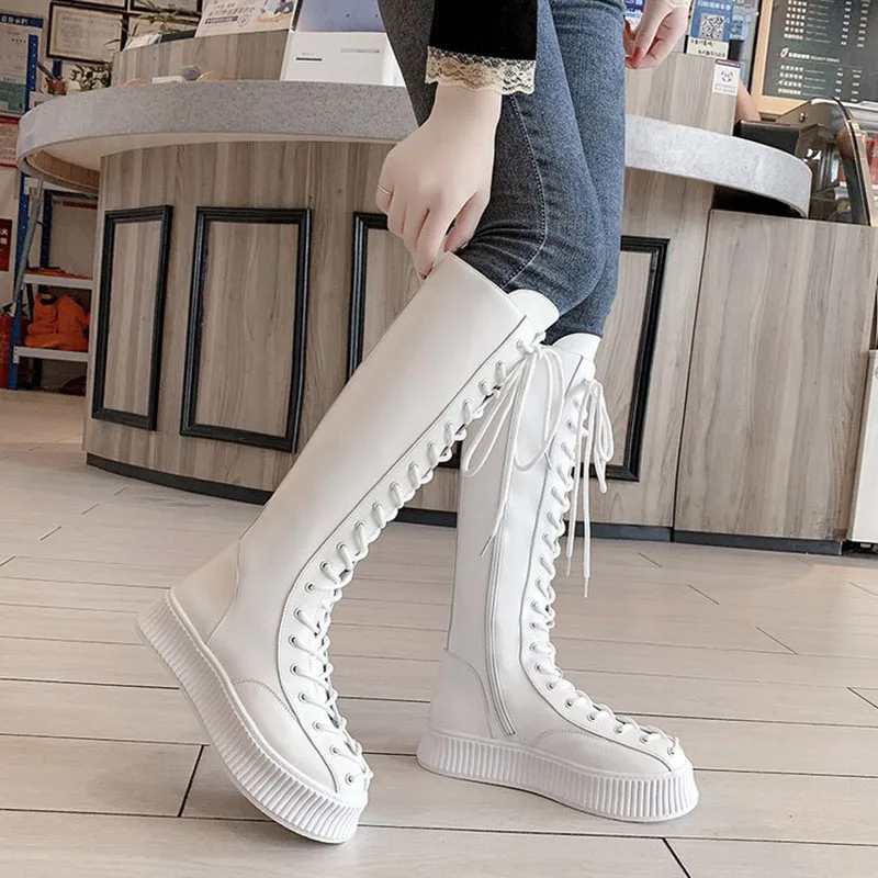 Black White Knee High Boots Flat Heel Platform Boots Lace-up Long Boots 2021 Autumn Winter Fashion Women Shoes Botas De Mujer
Black White Knee High Boots Flat Heel Platform Boots Lace-up Long Boots 2021 Autumn Winter Fashion Women Shoes Botas De Mujer