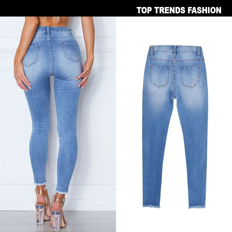 European and American Spring and Summer Women's High-waisted Slim-fit Elastic Frayed Ankles Fashion Skinny Denim Trousers 2021
European and American Spring and Summer Women's High-waisted Slim-fit Elastic Frayed Ankles Fashion Skinny Denim Trousers 2021