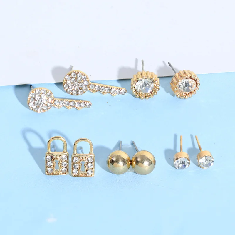 5 Pairs Women Metal Lock and Key Small Stud Earrings Sets Girl Child Ball Geometric Mini Ear Nails Kits Earring Jewelry | Украшения и