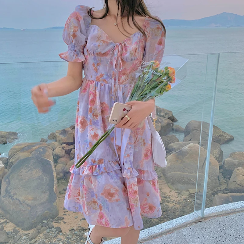 High Quality Summer Mini Dress Square Neck Puff Sleeves Ruffled Print Floral Short Sleeve Dress Holiday Dresses A-Line 
High Quality Summer Mini Dress Square Neck Puff Sleeves Ruffled Print Floral Short Sleeve Dress Holiday Dresses A-Line
