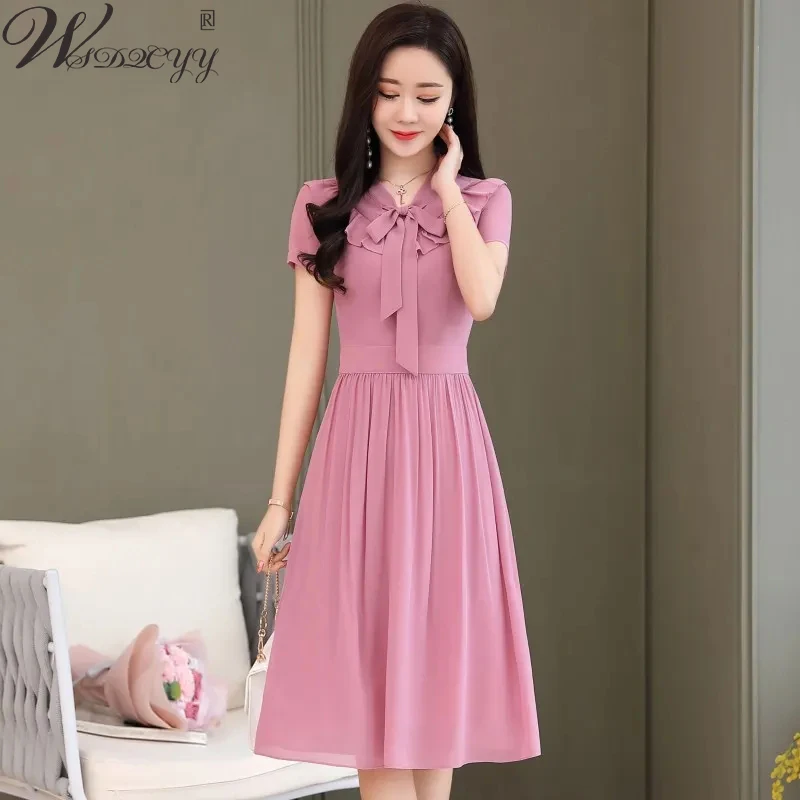Summer Short Sleeve Chiffon Dress Korean Style Midi Dress Plus Size Solid Colors Elegant Dress Ladies Office Work A-Line Dress
Summer Short Sleeve Chiffon Dress Korean Style Midi Dress Plus Size Solid Colors Elegant Dress Ladies Office Work A-Line Dress