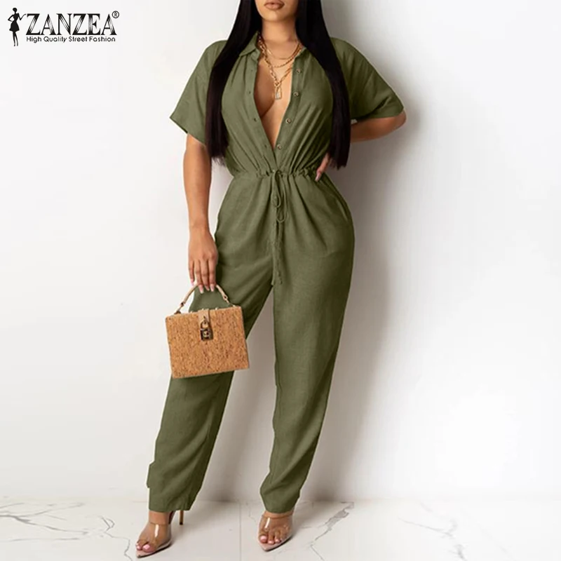 Women Lapel Neck Short Sleeve OL Jumpsuits ZANZEA Fashion Summer Casual Buttons Long Rompers Solid Drawstring Playsuits Overalls
Women Lapel Neck Short Sleeve OL Jumpsuits ZANZEA Fashion Summer Casual Buttons Long Rompers Solid Drawstring Playsuits Overalls
