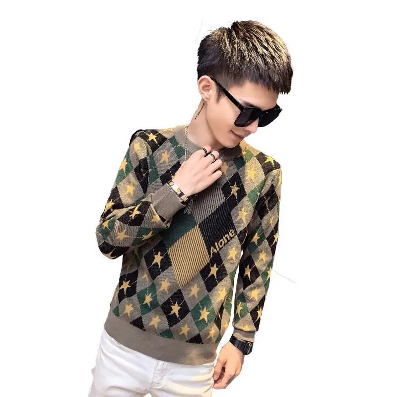 Men's sweater long sleeve social spirit guy round neck sweater new net red slim plaid