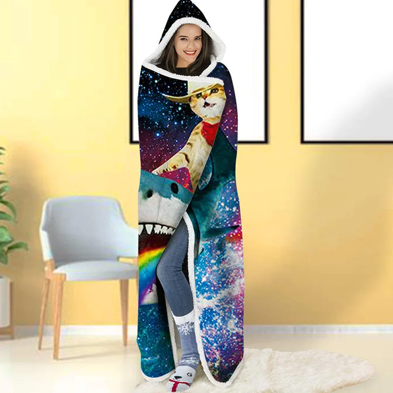 Thick Hooded Blanket Women Men Wearable 3D Print Ugly Sherpa Plush Fleece TV 60 X 80 Inches Costume Home Sofa Winter | Мужская одежда