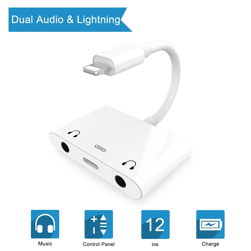 

Lightning to Audio adapter Dual DC3.5mm Headphones Aux jack Phone Call Splitter Charging Adaptor For iPad iPhone 12/11/X/XS/XR/8