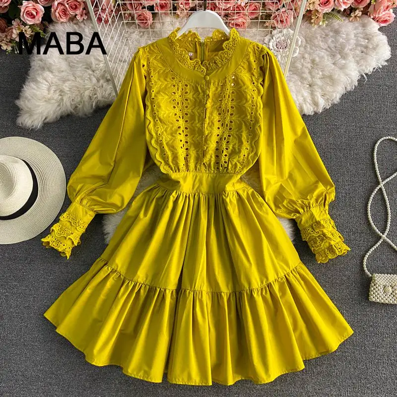 High quality yellow knee length dress spring autumn women long Lantern Sleeve hook flower hollow Dress Age reducing runway dress
High quality yellow knee length dress spring autumn women long Lantern Sleeve hook flower hollow Dress Age reducing runway dress