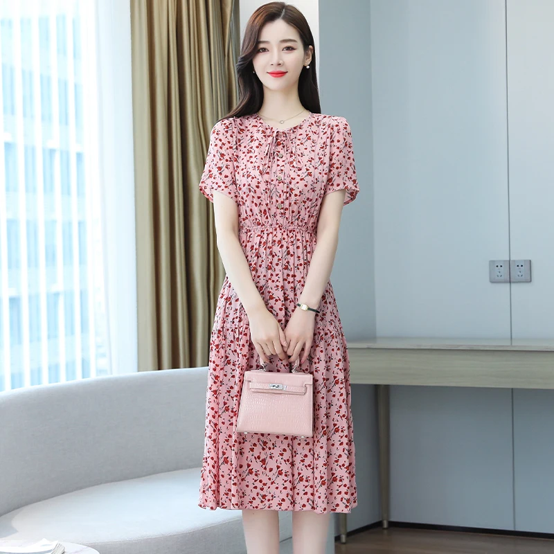 Summer new style short-sleeved floral chiffon dress women's fashion women's mid-length over-the-knee skirt 
Summer new style short-sleeved floral chiffon dress women's fashion women's mid-length over-the-knee skirt
