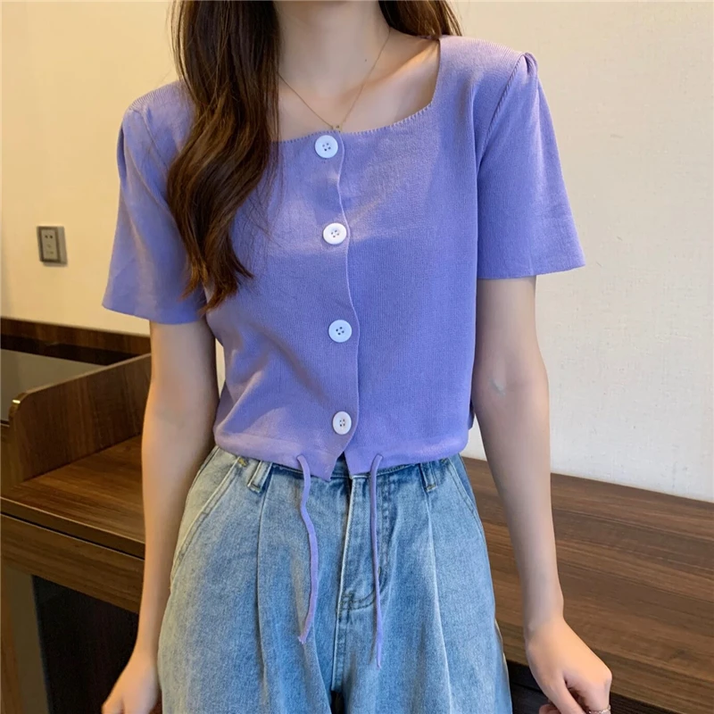 Women Casual Drawstring Short Tops 2021 Chic Square Collar Short Sleeve Slim Knit T-shirt Female Streetwear Fashion Buttons Tees
Women Casual Drawstring Short Tops 2021 Chic Square Collar Short Sleeve Slim Knit T-shirt Female Streetwear Fashion Buttons Tees