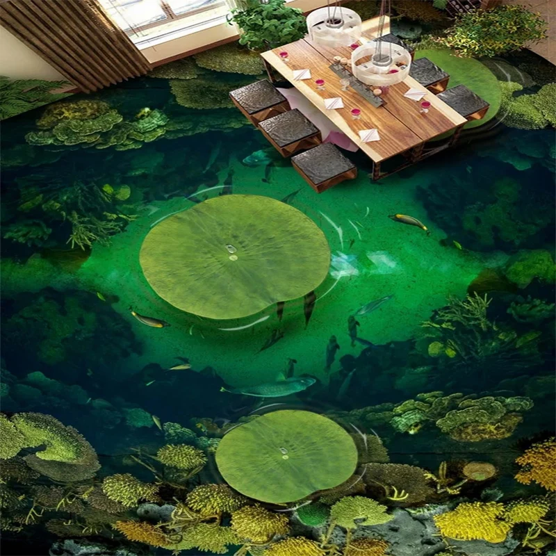 

Custom 3D Mural Green Pond Fish Lotus Photo Floor Sticker for Bathroom Living Room Hall PVC Waterproof Self-adhesive Matte Tiles