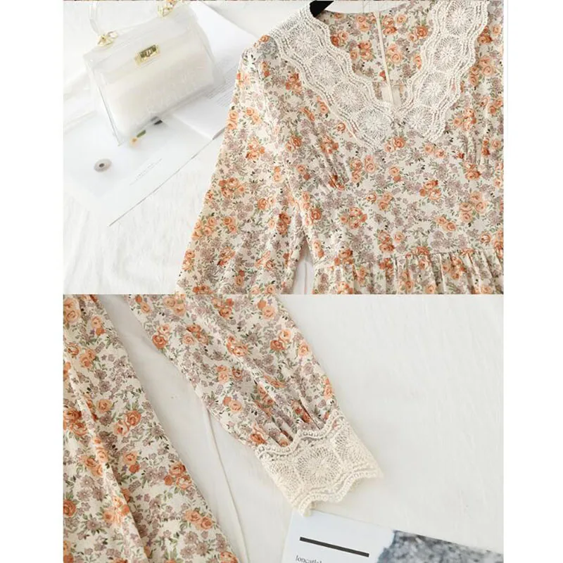 2021 Vintage Lace V-neck Long sleeve Chiffon Dress Women Floral Print High Waist Female A-line Long Dress Spring Vestidos
2021 Vintage Lace V-neck Long sleeve Chiffon Dress Women Floral Print High Waist Female A-line Long Dress Spring Vestidos