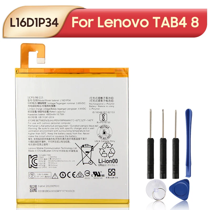 Original Replacement Battery L16D1P34 For Lenovo TAB4 8 TB-8504N/F Tablet PC TAB4 8 Plus Tablet Battery 4850mAh
Original Replacement Battery L16D1P34 For Lenovo TAB4 8 TB-8504N/F Tablet PC TAB4 8 Plus Tablet Battery 4850mAh