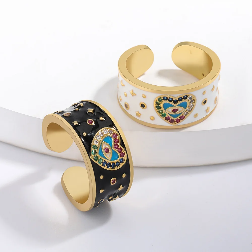 Fashion Creative Drop Oil Heart-shaped Eyes Copper Color Zircon Couple Rings Women and Men Popular Opening Adjustable Ring | Украшения и