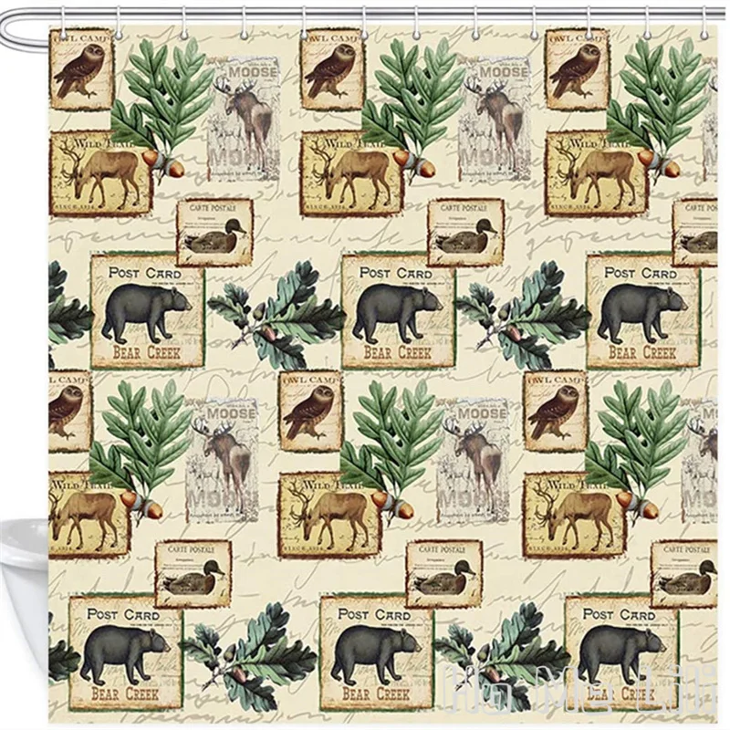 

Rustic Lodge Shower Curtain Country Cabin Bear Elk Deer Moose Owl Duck Wilderness Forest Animals Pattern For Bathroom