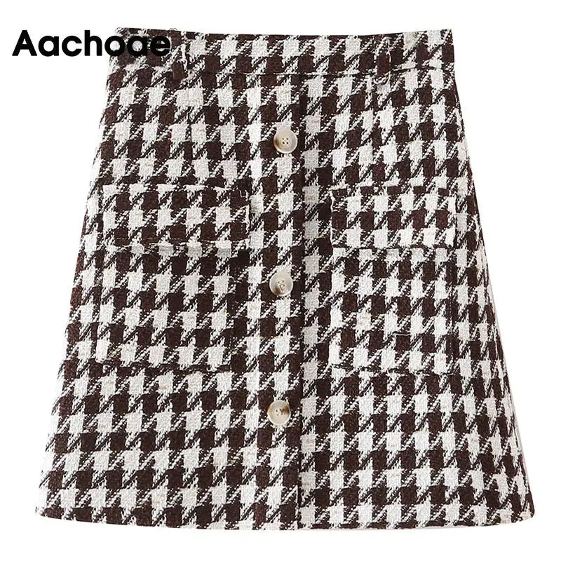 

Aachoae Women Vintage Houndstooth Tweed Mini Skirts Elegant A Line Skirt With Pockets Female Fashion Chic Bottoms Femme