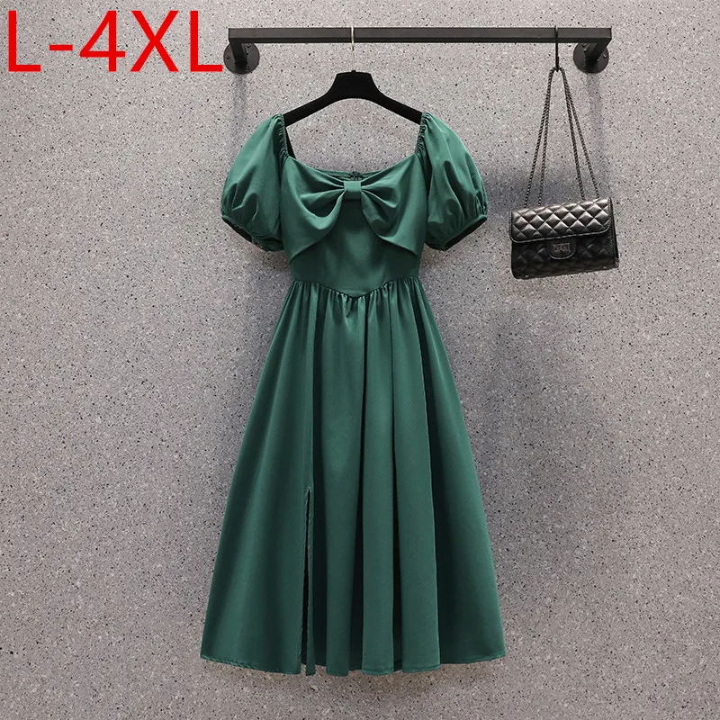 L-4XL 2021 New Summer Plus Size Dresses For Women Large Square Collar Puff Sleeve Bow Draped Split Elegant Female Green Dress
L-4XL 2021 New Summer Plus Size Dresses For Women Large Square Collar Puff Sleeve Bow Draped Split Elegant Female Green Dress