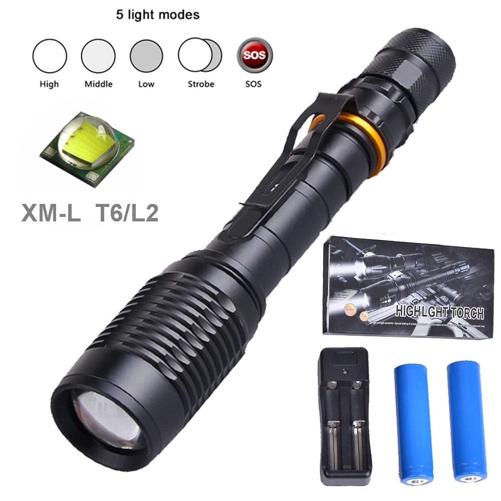 

High Power Zoomable XM-T6 L2 Led Flashlights Bicycle Light Lamp Lanterns Torches Aluminum+charger+Gift Box+2x18650 Batteries