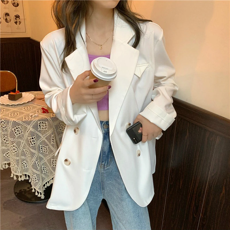 Women Long Sleeve Blazers Loose Coat All-match Korean-style Double Breasted Pocket Notched Solid Office Female Simple Oversize
Women Long Sleeve Blazers Loose Coat All-match Korean-style Double Breasted Pocket Notched Solid Office Female Simple Oversize