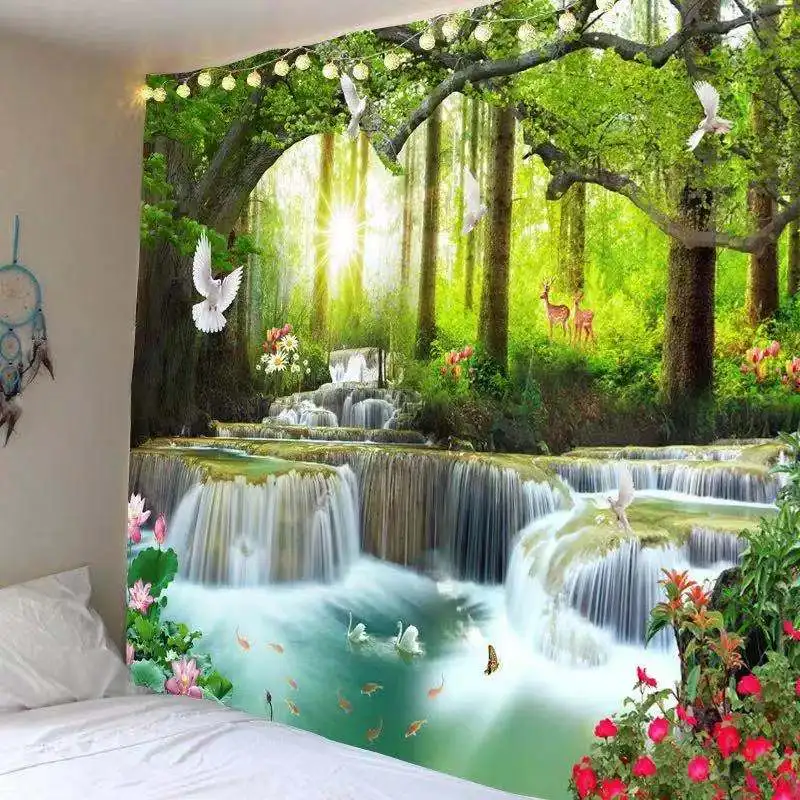 

Beautiful Nature Wall Tapestry Forest Waterfall Path Landscape Boho Decor Home Decoration Large Mandala Fabric Bohemian Curtains