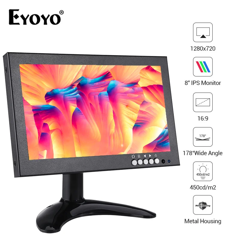 

Eyoyo 8“ HDMI Monitor 1080P IPS Display Screen VGA/AV/BNC/SPEAK PC Screen Portable LCD Display Monitors for CCTV Security camera