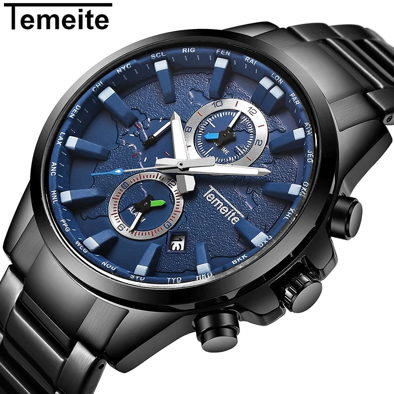 Мужские спортивные часы TEMEITE в стиле милитари наручные со стальным ремешком