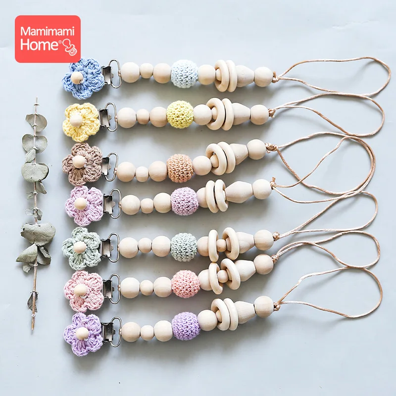 1pc Baby Wooden Teether Pacfier Chain Clip Crochet Flower Wood Bead Ring Dummy Nipple Holder Toys Children's Goods Newborn Gifts - купить