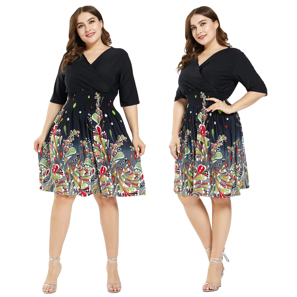 Черное женское платье с цветочным принтом, платья с коротким рукавом и V-образным вырезом, Летние повседневные модные вечерние до колена для... 
Черное женское платье с цветочным принтом, платья с коротким рукавом и V-образным вырезом, Летние повседневные модные вечерние до колена для...