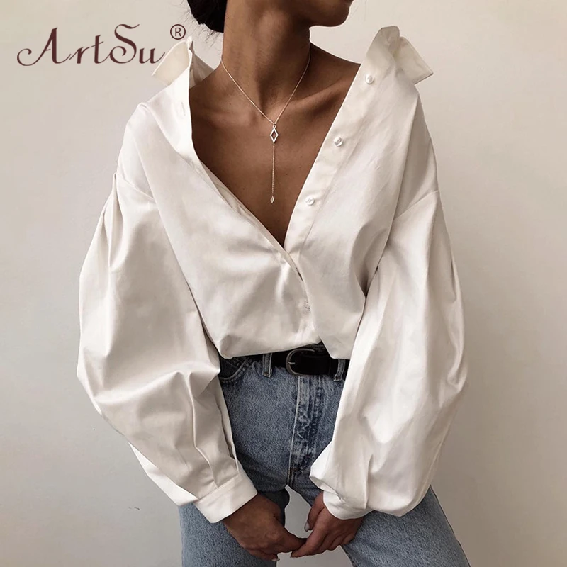 ArtSu Korean Style Fashion Women White Blouse Turn-Down Collar Lantern Sleeve Oversized Shirt Streetwear Loose Sexy Black Tops
ArtSu Korean Style Fashion Women White Blouse Turn-Down Collar Lantern Sleeve Oversized Shirt Streetwear Loose Sexy Black Tops