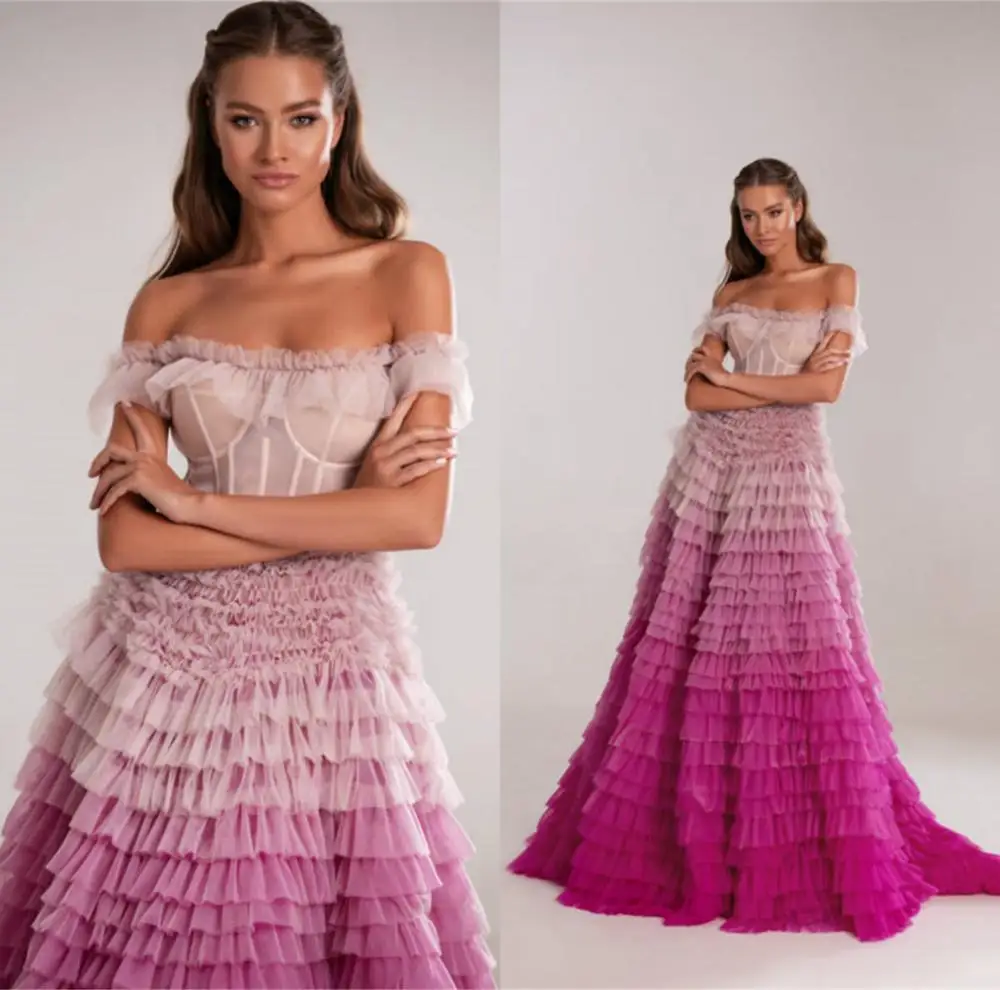 Gradient Evening Dresses Off The Shoulder Tulle Tiered Skirt A Line Formal Party Dress Receiption Gowns
Gradient Evening Dresses Off The Shoulder Tulle Tiered Skirt A Line Formal Party Dress Receiption Gowns