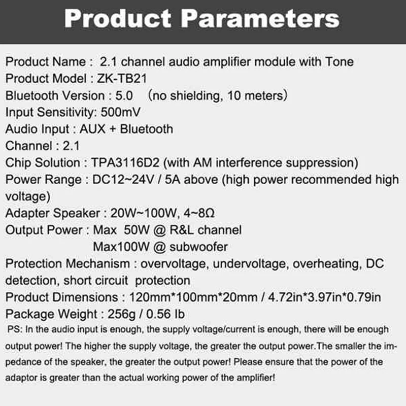 ZK-TB21 TPA3116D2 Bluetooth 5.0 Subwoofer Amplifier Board 50WX2+100W 2.1 Channel o Stereo Amplifier Board US Plug
ZK-TB21 TPA3116D2 Bluetooth 5.0 Subwoofer Amplifier Board 50WX2+100W 2.1 Channel o Stereo Amplifier Board US Plug
