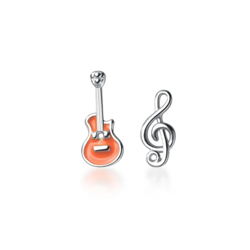 

100% Real 925 Sterling Silver Treble Clef and Guitar Stud Earrings Asymmetric Musical Note Earrings for Women Girls Music Lovers