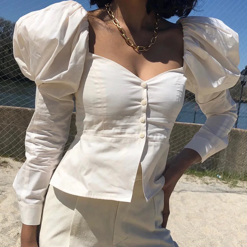 hirigin Long Puff Sleeve Blouse Top Women Front Buttons Up Square Collar Autumn White Slim Elegant Cropped Shirts Female 2021
hirigin Long Puff Sleeve Blouse Top Women Front Buttons Up Square Collar Autumn White Slim Elegant Cropped Shirts Female 2021
