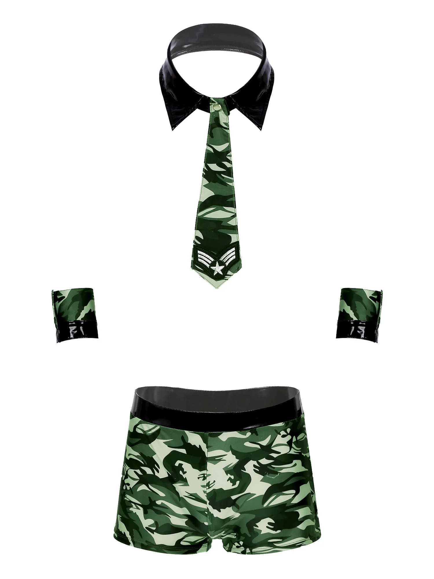 Men Camouflage Printed Patent Leather Patchwork Elastic Waistband Boxer Shorts Necktie Cuffs Lingerie Set Nightwear
Men Camouflage Printed Patent Leather Patchwork Elastic Waistband Boxer Shorts Necktie Cuffs Lingerie Set Nightwear