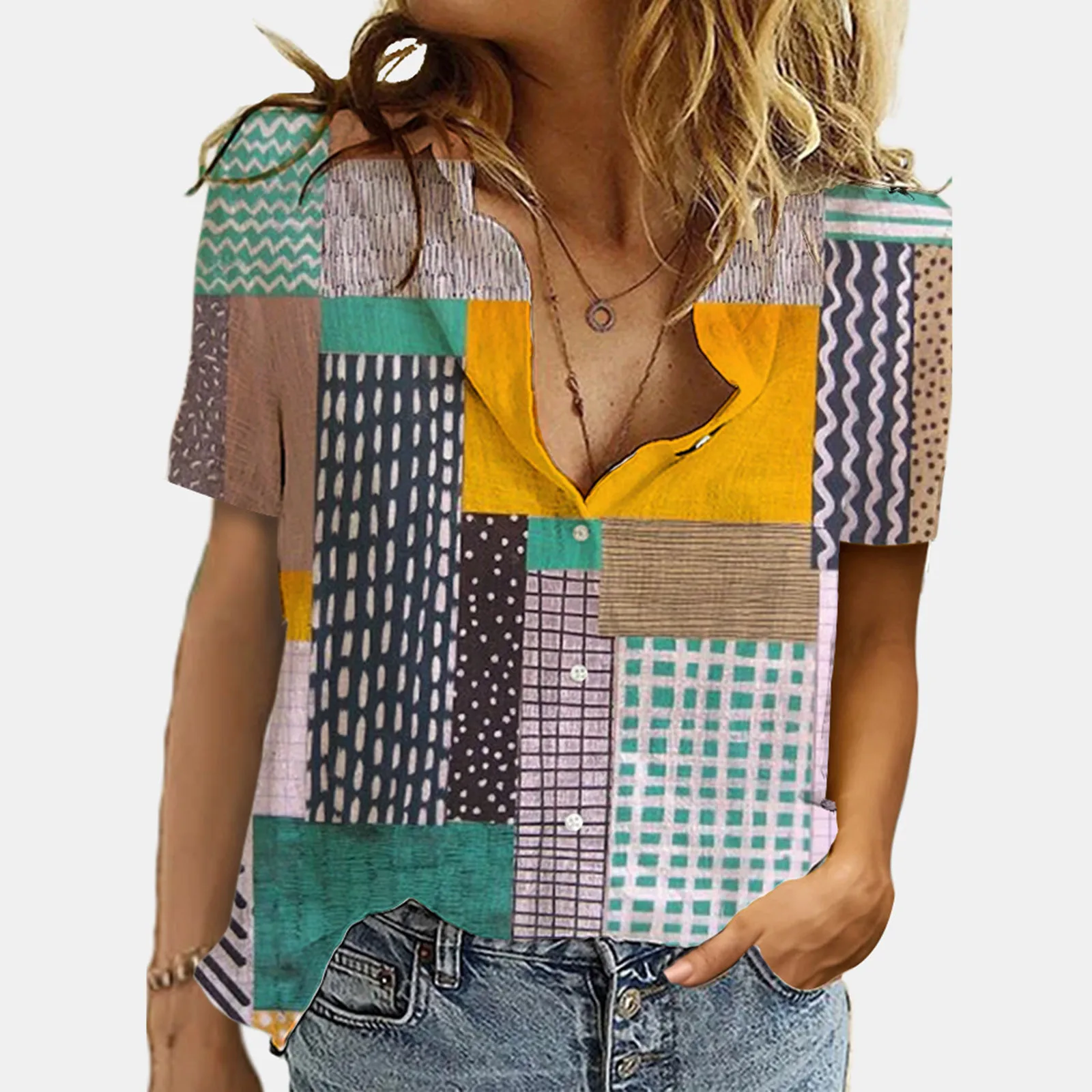 Button Cardigan Blouse Patchwork Printed Plus Size Women's Shirt 2021 Short Sleeve Turn-down Collar Summer Top Blusas 40#
Button Cardigan Blouse Patchwork Printed Plus Size Women's Shirt 2021 Short Sleeve Turn-down Collar Summer Top Blusas 40#